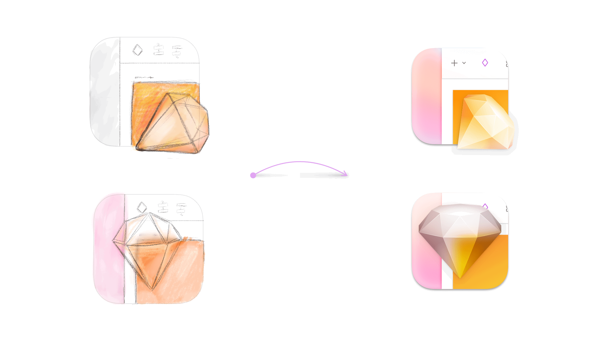 An image showing sketches and vector versions of icon ideas that used the new Sketch UI and a semi-transparent diamond.