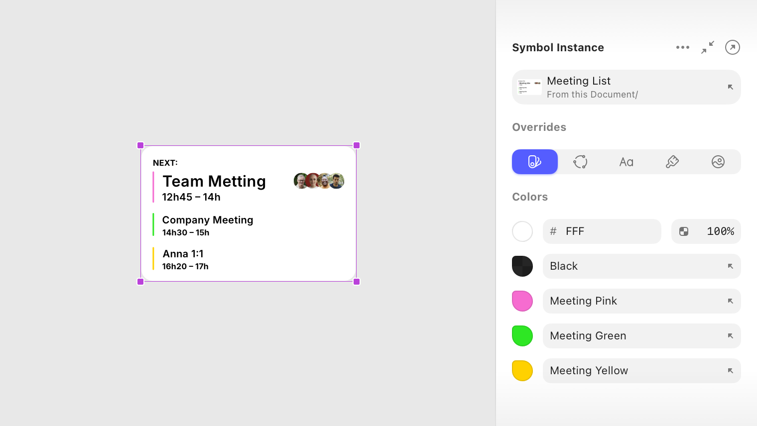 An image showing the new UI for Symbol overrides in Sketch’s Inspector.