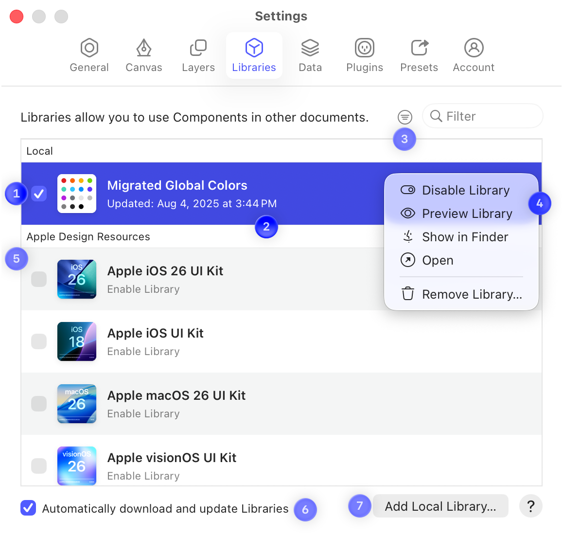 An annotated image showing the Libraries tab of the Settings window.