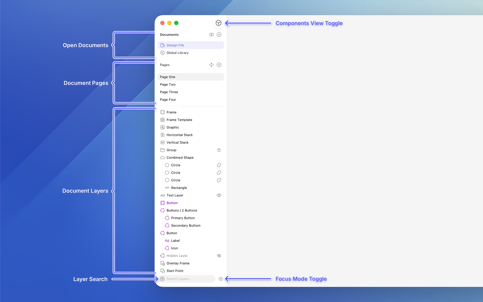 The layer list and its sections in the Mac app.