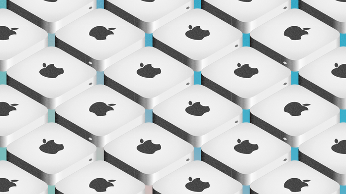 An image showing a series of illustrated Mac minis from an isometric viewpoint