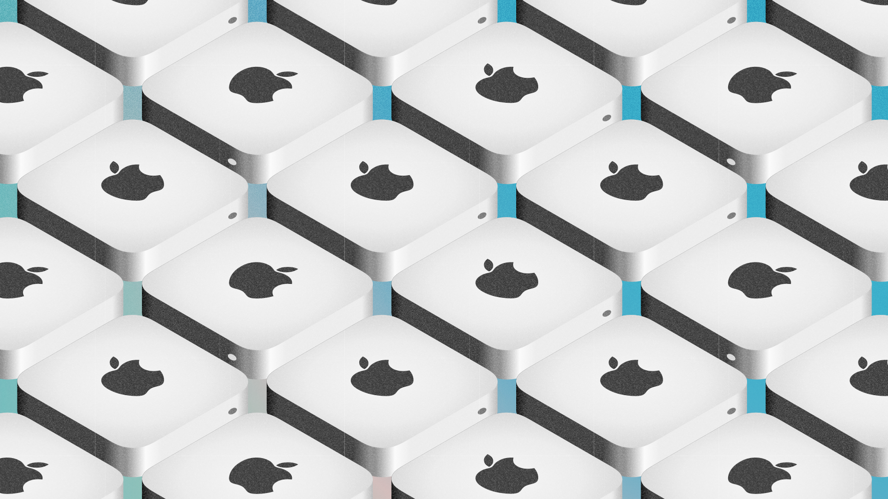 An image showing a series of illustrated Mac minis from an isometric viewpoint