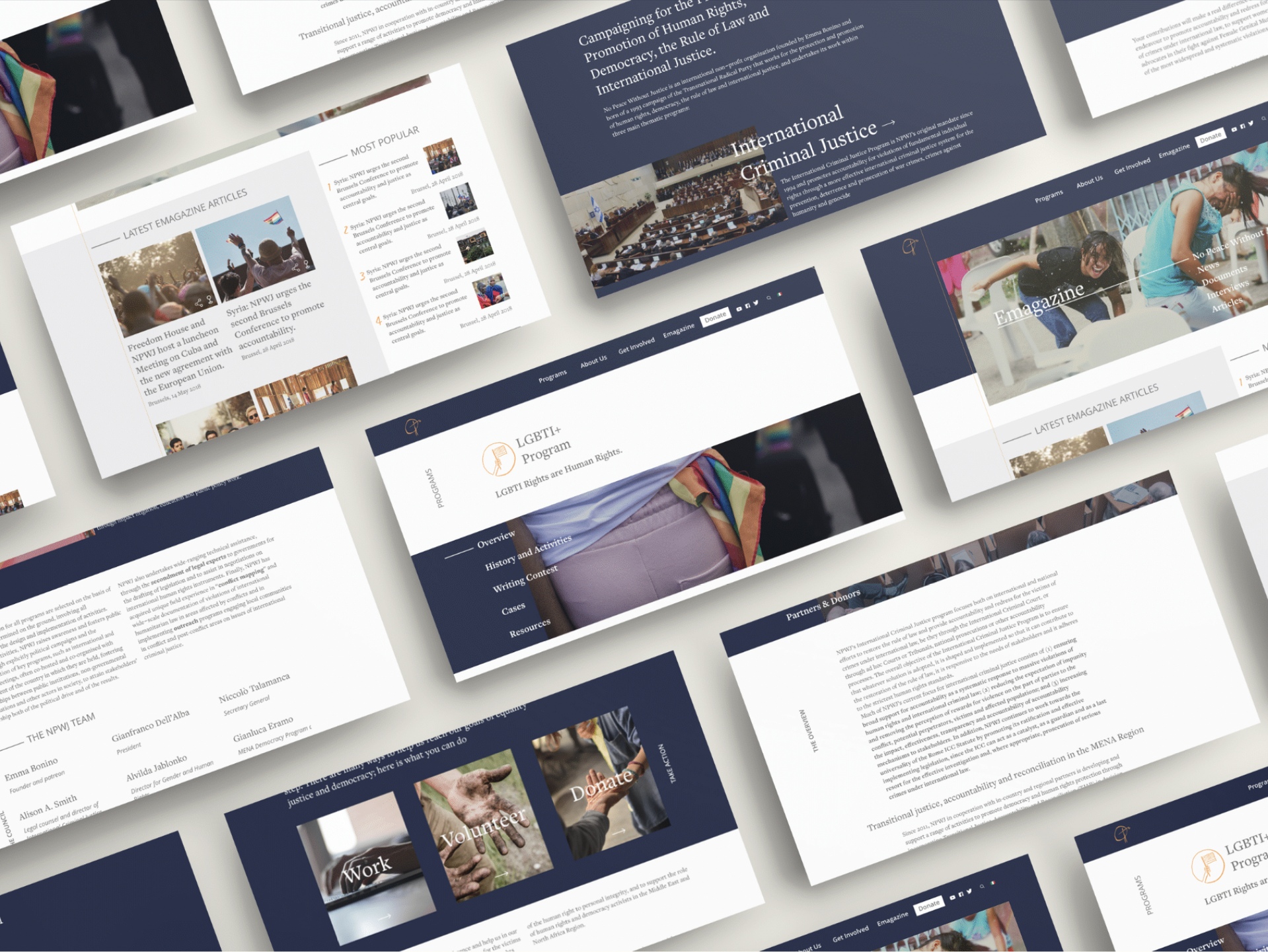 An image showing Giulia Virtus Azzoni’s personal project of a website redesign for No Peace Without Justice — a non-profit organization.