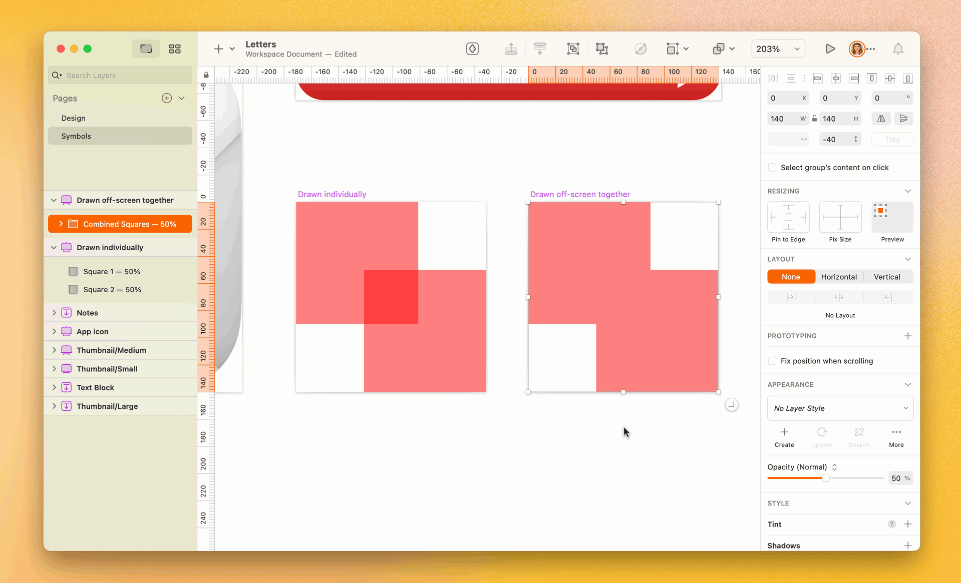 A screenshot showing two shapes on the Canvas of a Sketch file. The first has two squares intersecting, and each square is at 50% opacity — the area where the two squares intersect is darker. The second has a similar layout with the squares intersecting, but the image is handled as a single shape and color is uniform across the whole thing.
