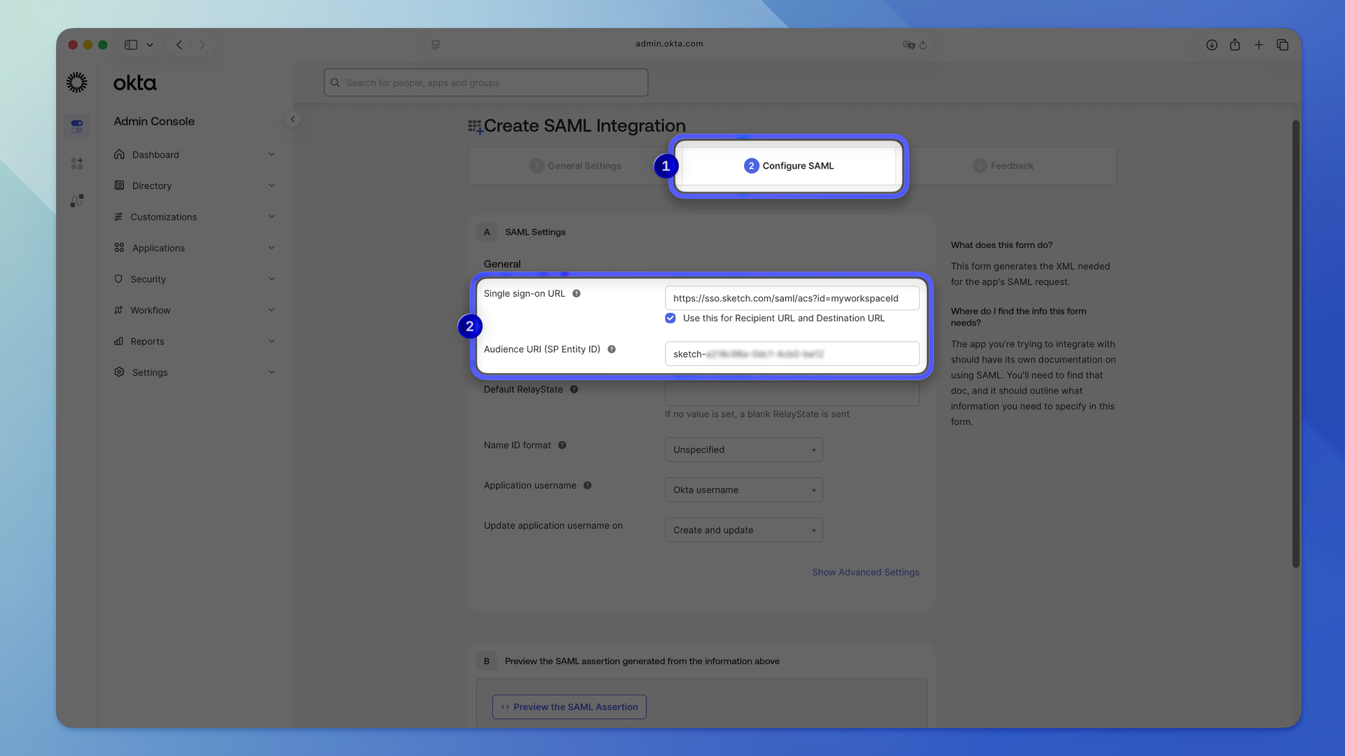 The SAML Settings screen in Okta with the Single sign-on URL and Audience URI fields filled in