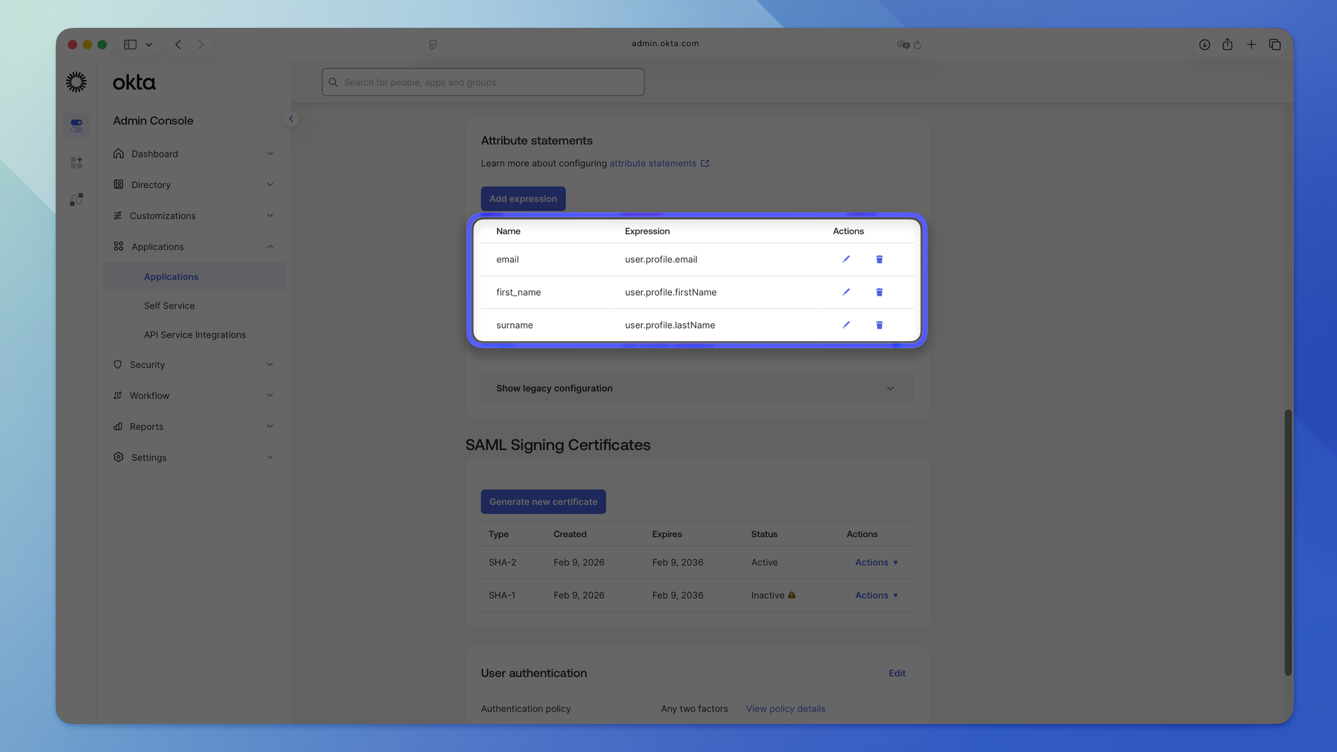 The Attribute Statements section in Okta’s Sign On tab with email, first_name, and surname expressions added