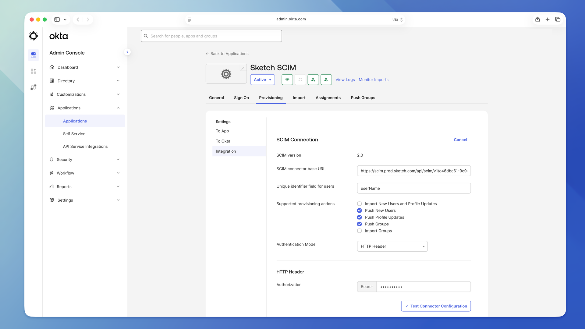 The Provisioning tab in Okta showing the SCIM connector base URL, unique identifier, and authentication fields