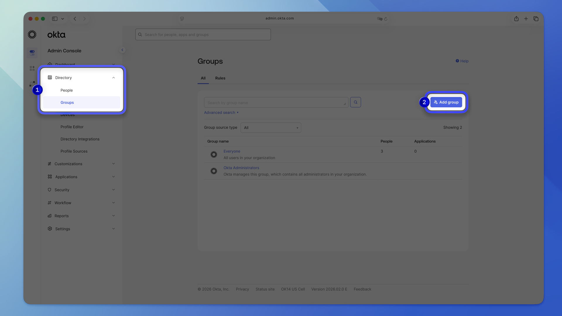 The Groups page in Okta Directory with Sketch-editors and Sketch-viewers groups listed
