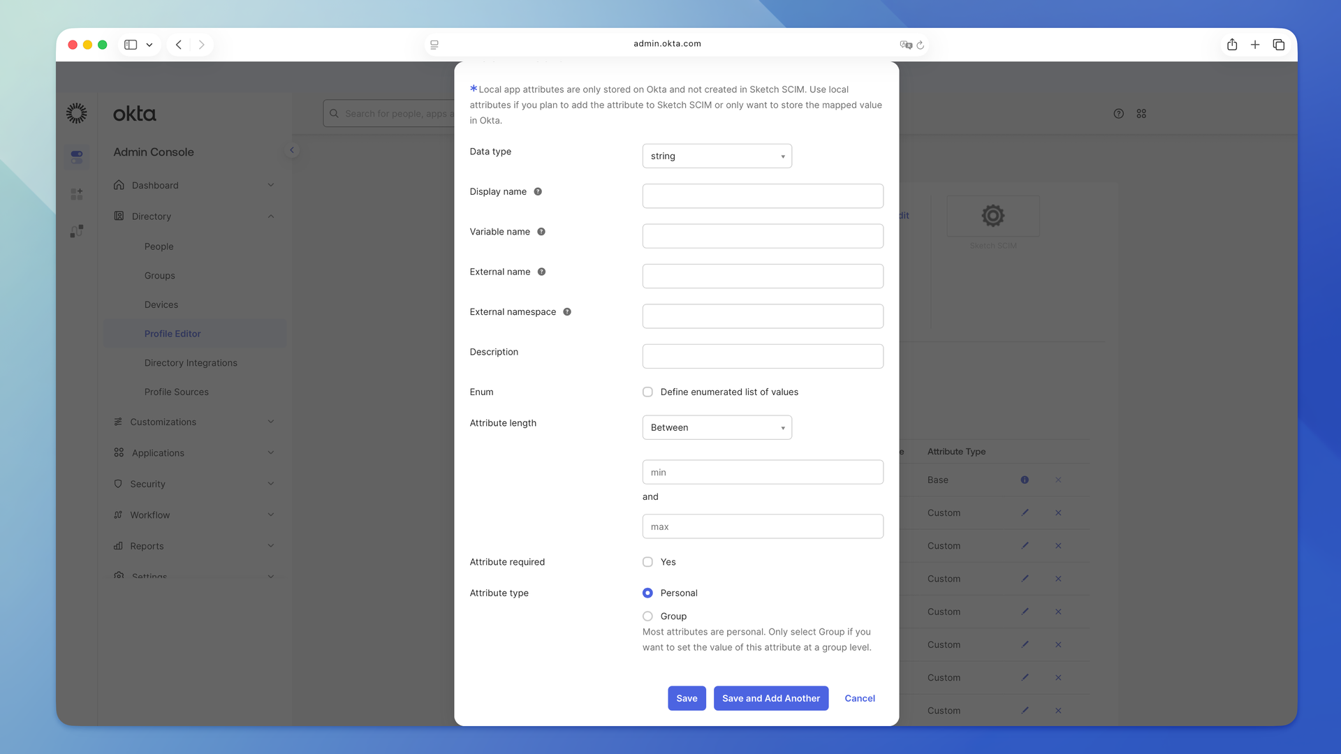 The Add Attribute form in Okta’s Profile Editor filled in with the Sketch Access Level attribute details