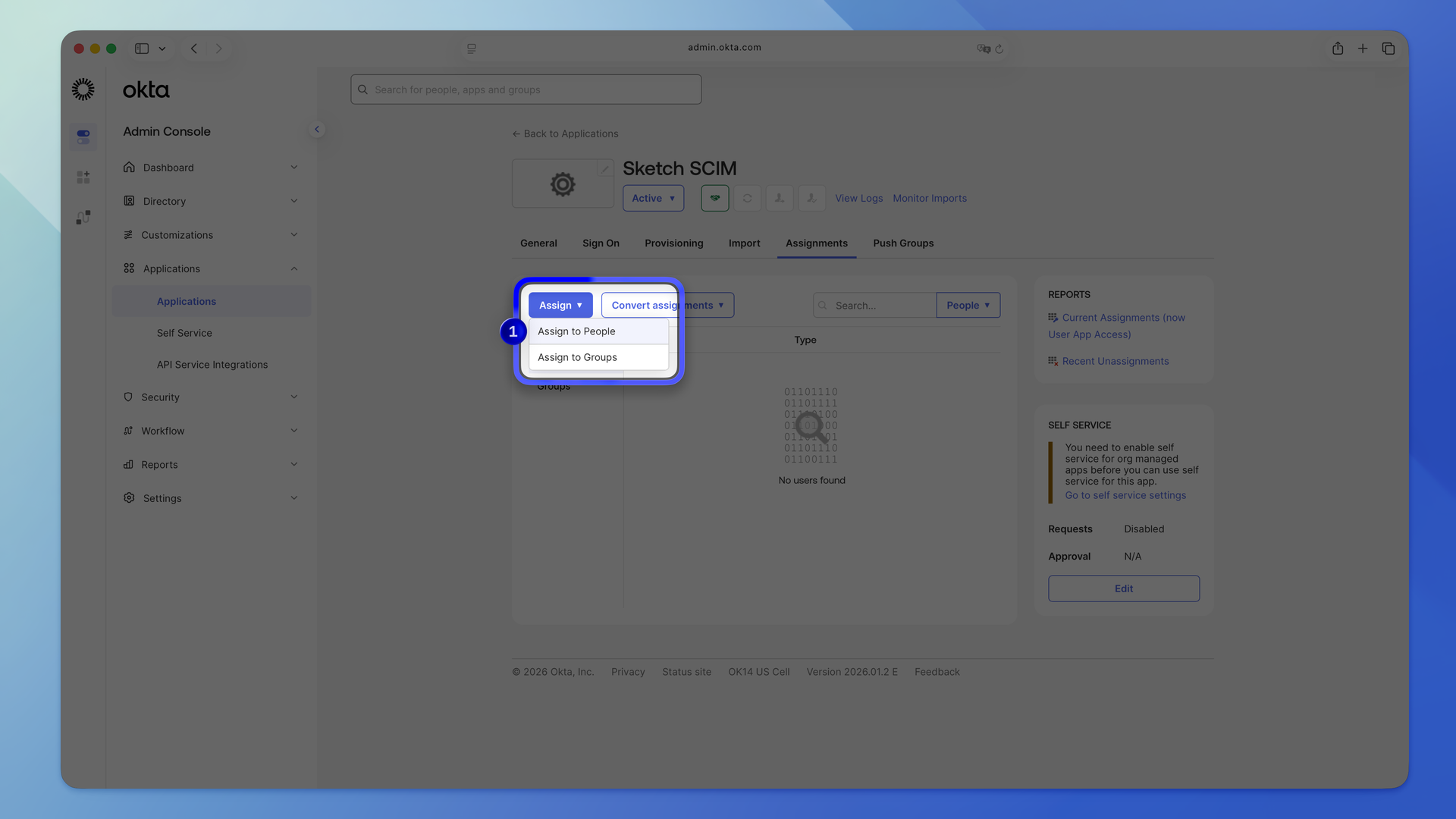 The Assign to Groups dialog in Okta with a Sketch group selected and an access level set