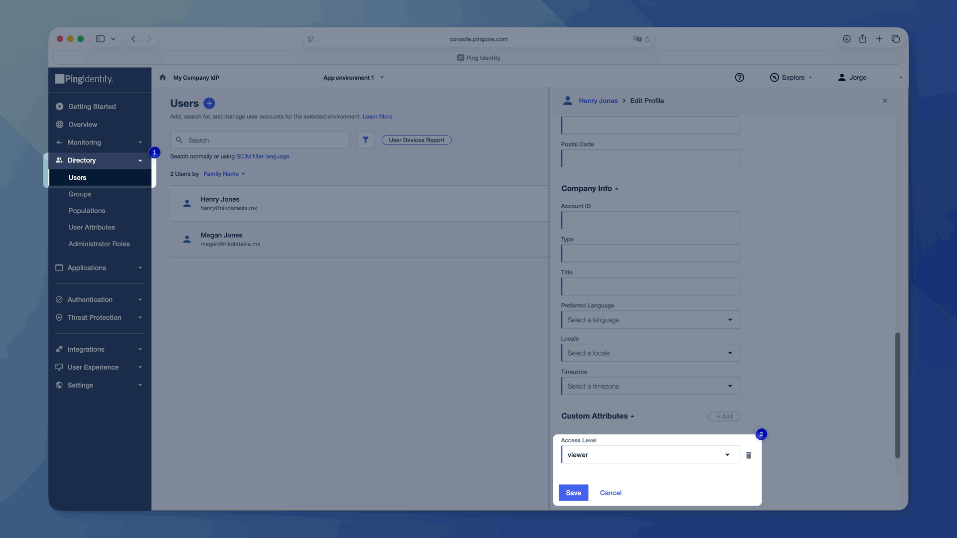 An image showing the Edit User form in PingOne with a custom Access Level attribute applied