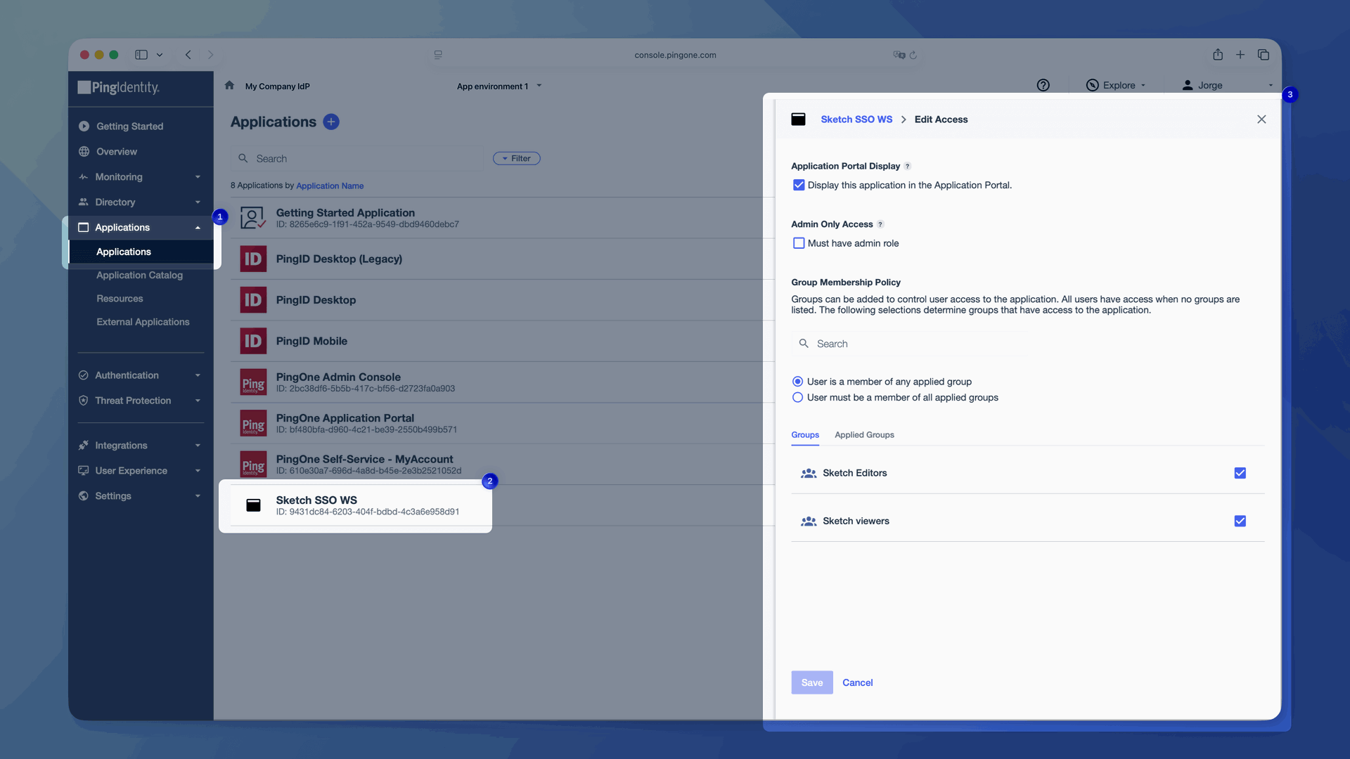 An image showing the Access tab in PingOne with Sketch groups assigned to the SAML app