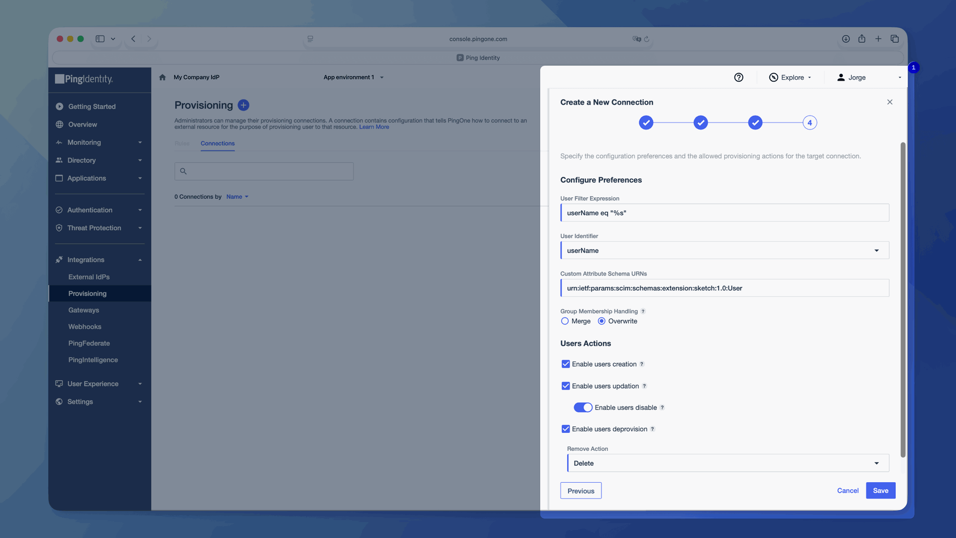 An image showing the connection preferences form in PingOne with the custom schema URN and provisioning options enabled