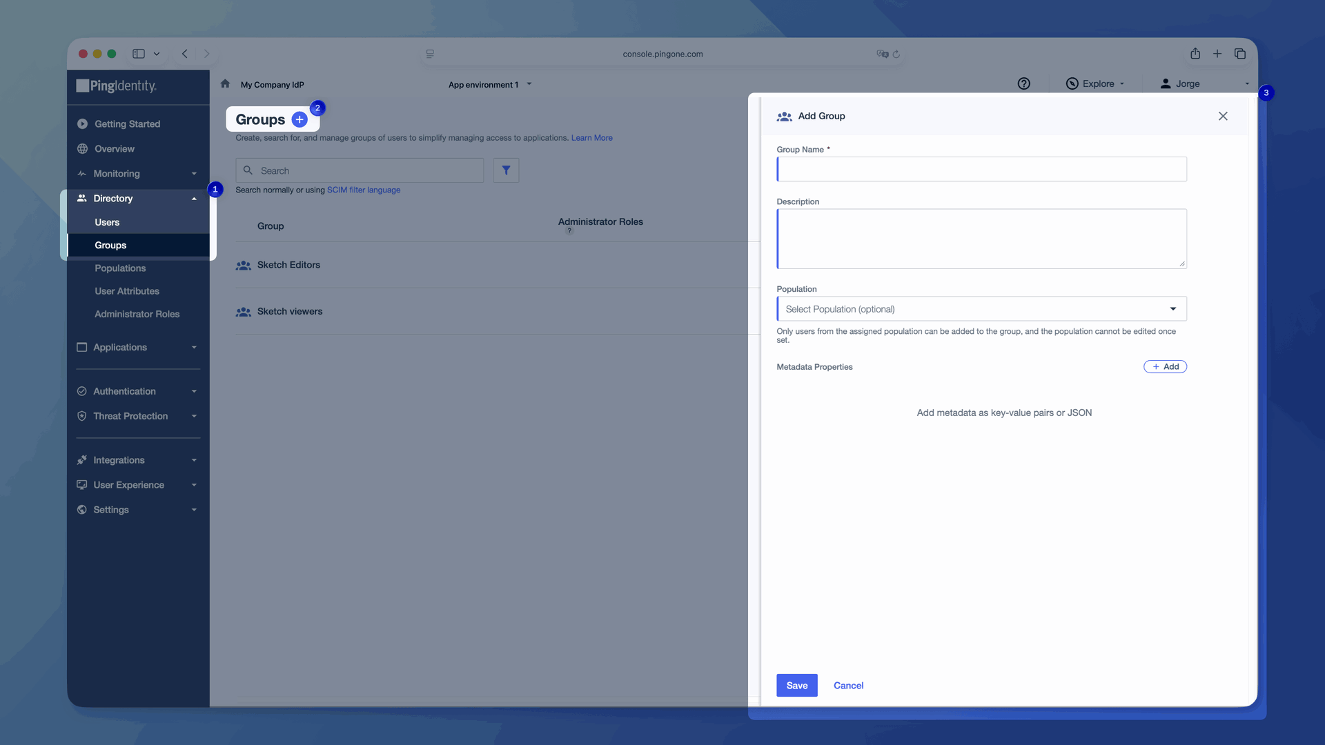 An image showing the Groups page in PingOne with Sketch editor and viewer groups listed