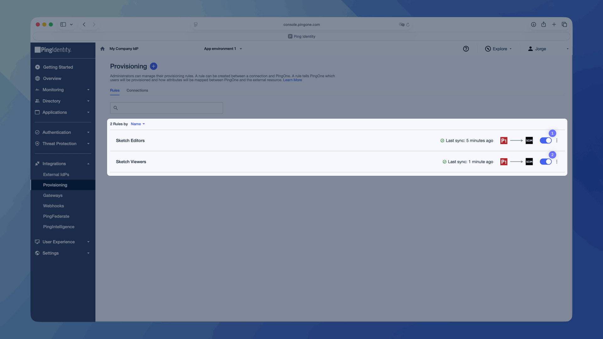 An image showing the enabled provisioning rules for Sketch in PingOne