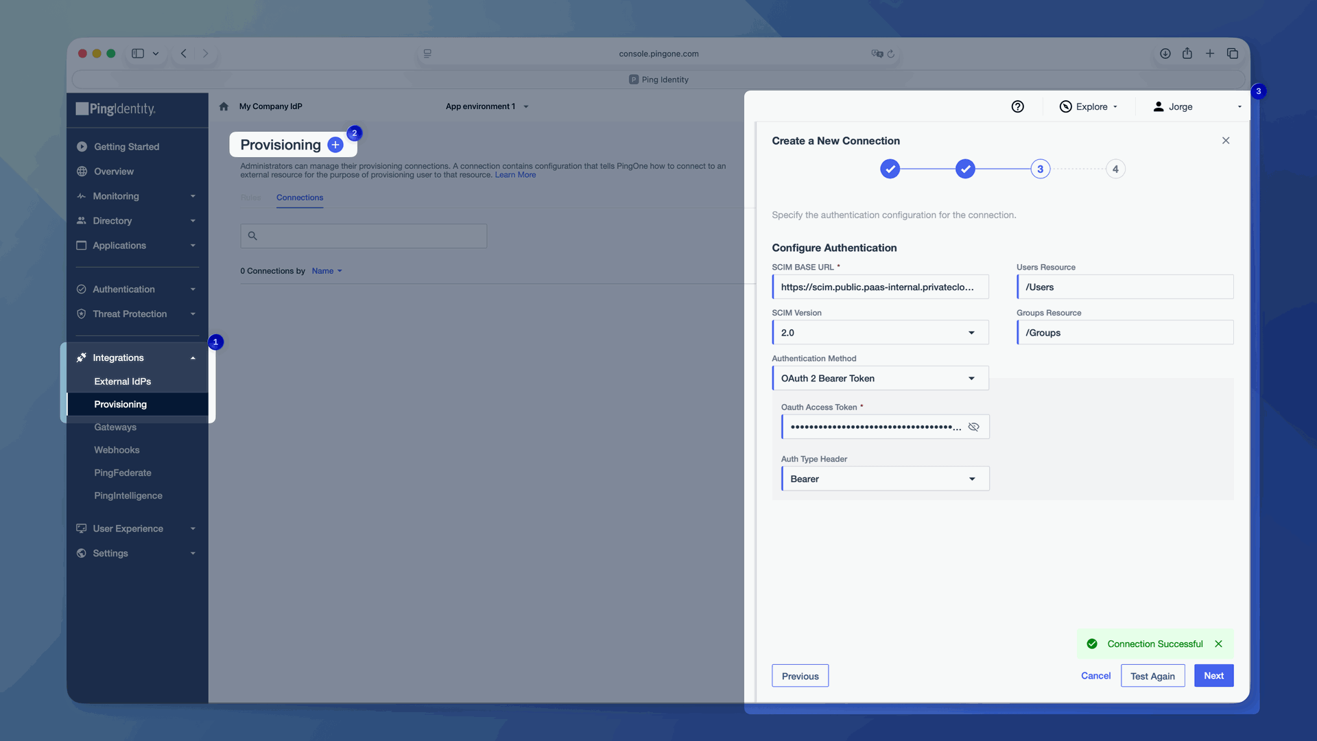 An image showing the new SCIM outbound connection form in PingOne with the base URL and token fields