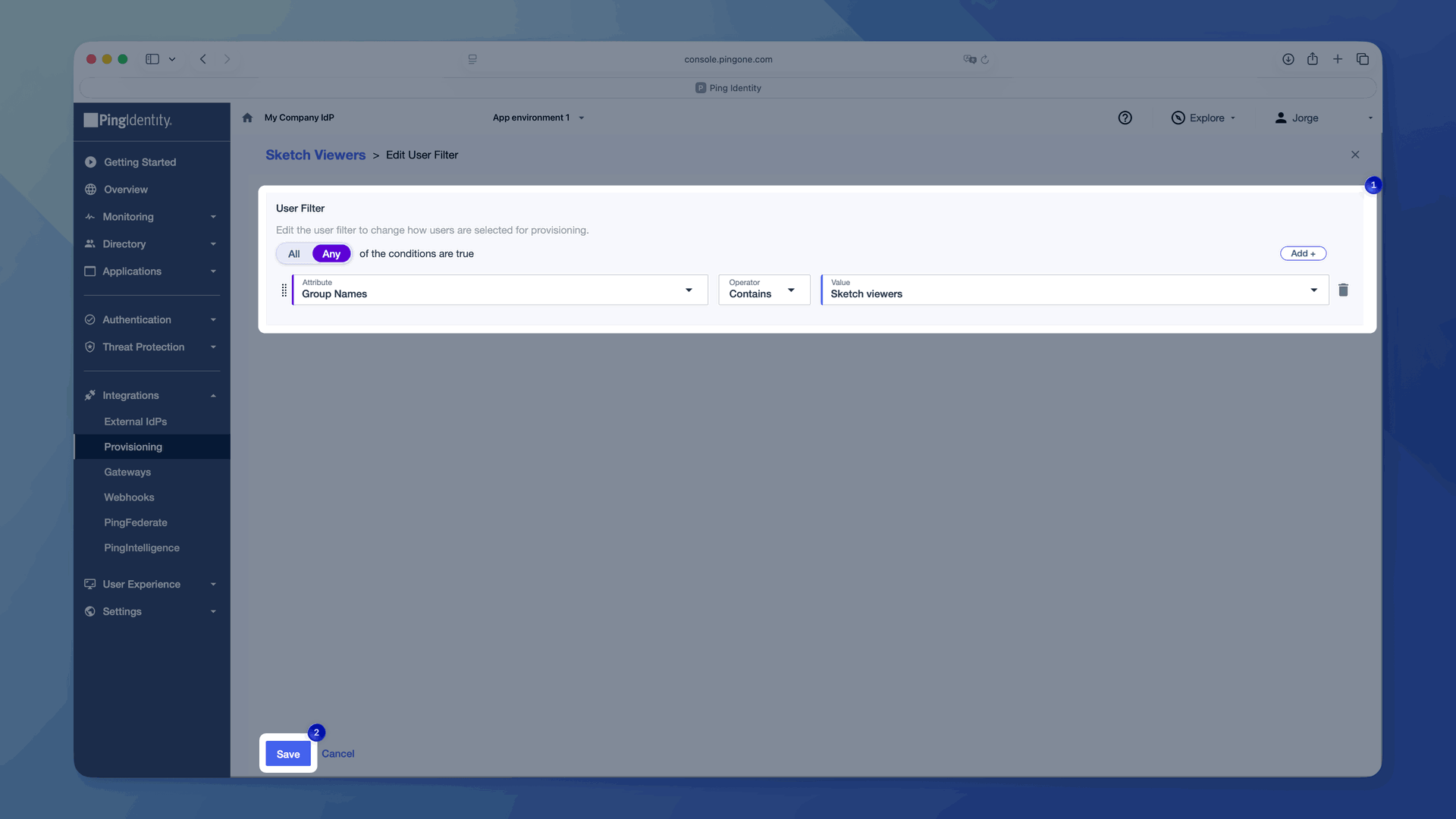 An image showing the Edit User Filter dialog in PingOne with Group Names set to contain the Sketch viewers group