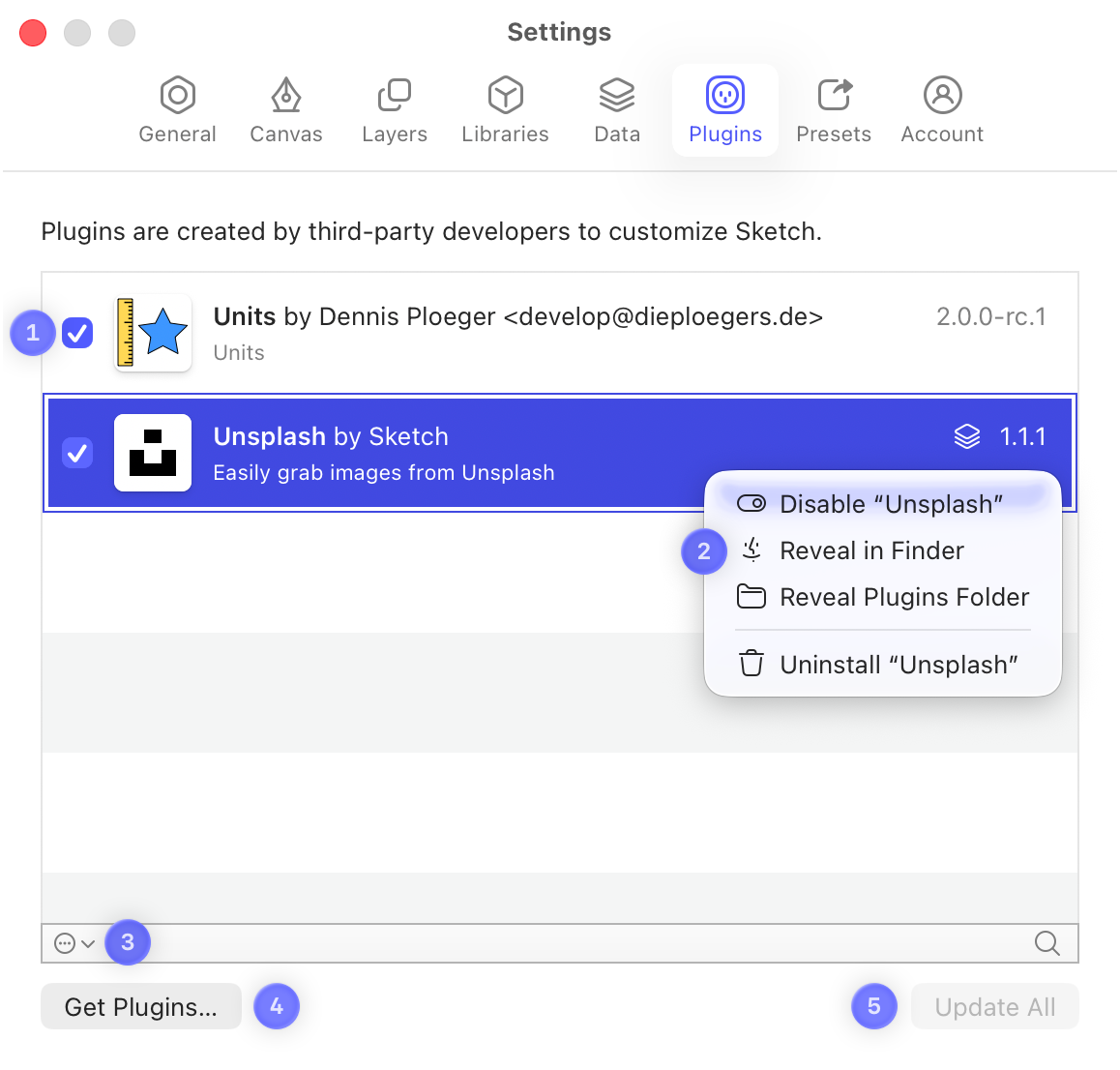 An annotated image showing the Plugins tab in Settings.