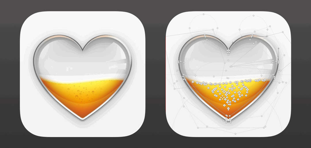 An icon featuring a glass heart partly filled with beer, next to the same icon with vector-drawing handles showing each shape’s outline.
