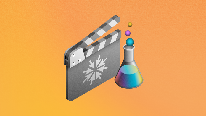 Image showing a test tube and a movie clicker featuring a real-time collaboration symbol in the middle.