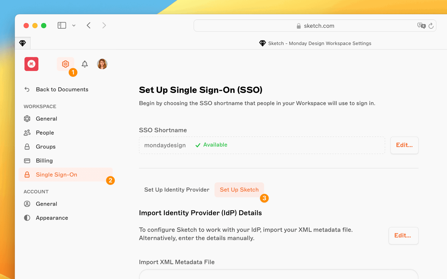 An image showing where to find the Set Up Sketch tab in the SSO section