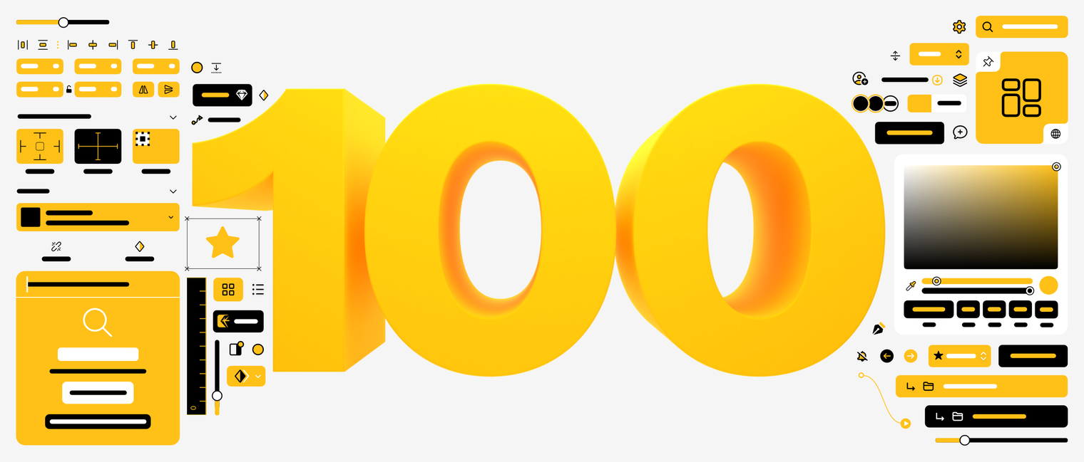 A illustration with the number 100 in the centre, surrounded by abstract depictions of various parts of Sketch’s Mac app UI