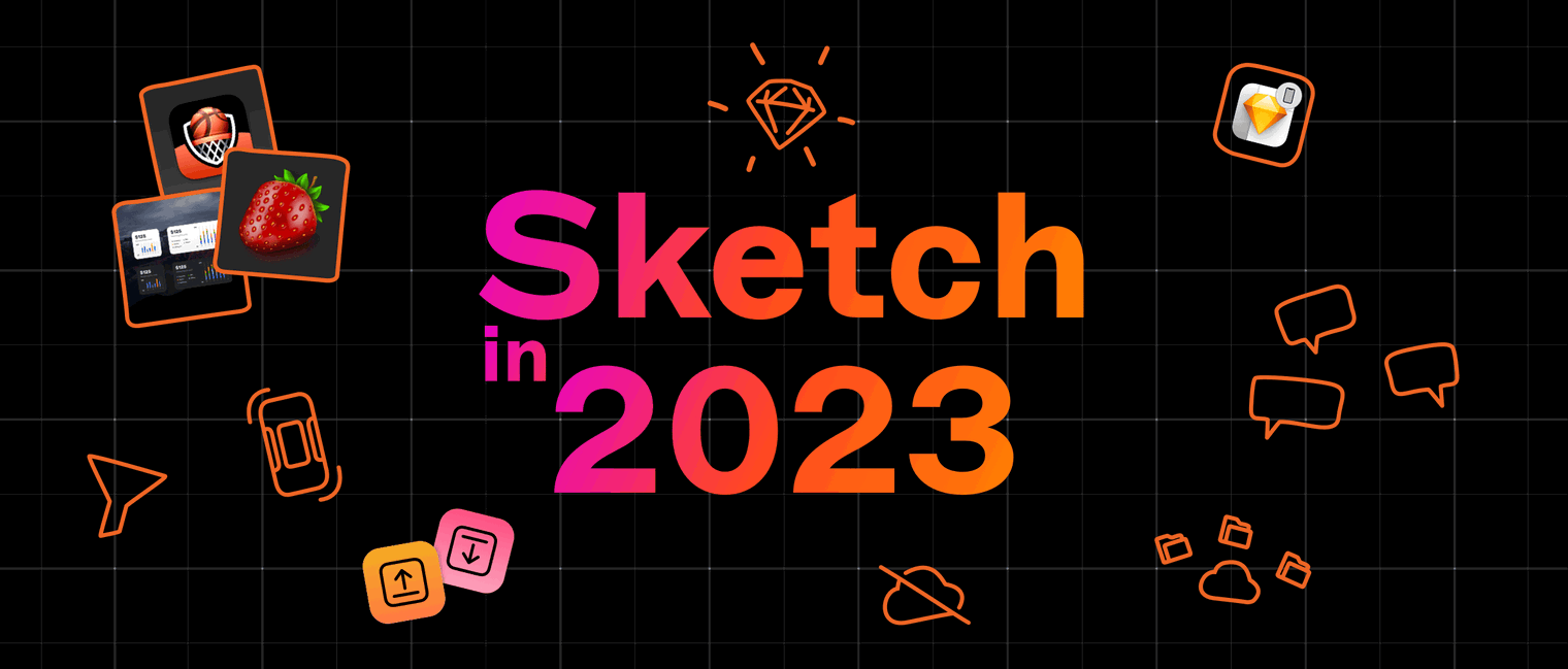 The words “Sketch in 2023” in the center of a grid with small illustrations and icons surrounding it representing different updates from the year.