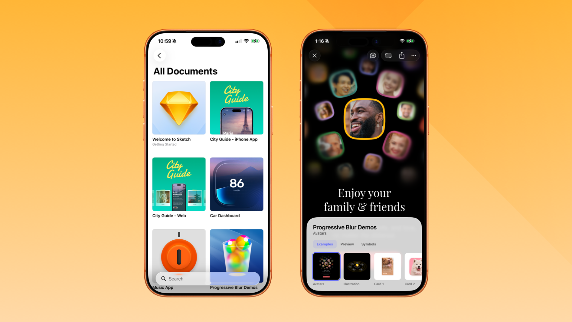 Two iPhones showing the Sketch iOS app — one displaying the All Documents view, the other showing a document open