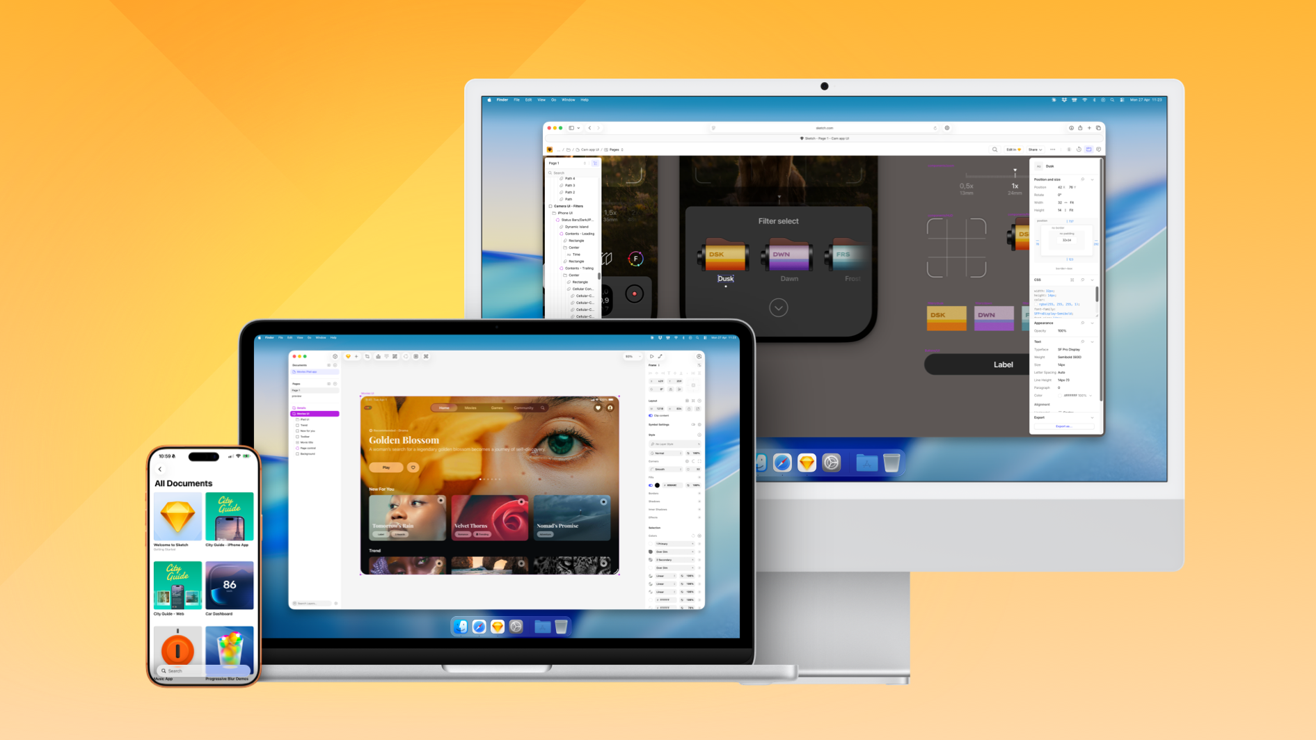 An image showing the Sketch Mac app on an iMac, the web app on a MacBook, and the iOS app on an iPhone