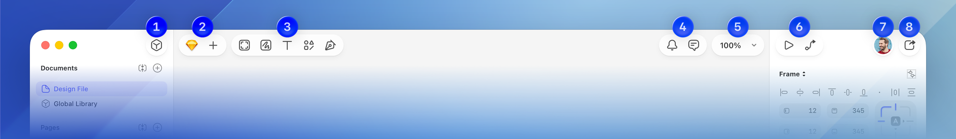 An annotated image showing the default toolbar in the Mac app