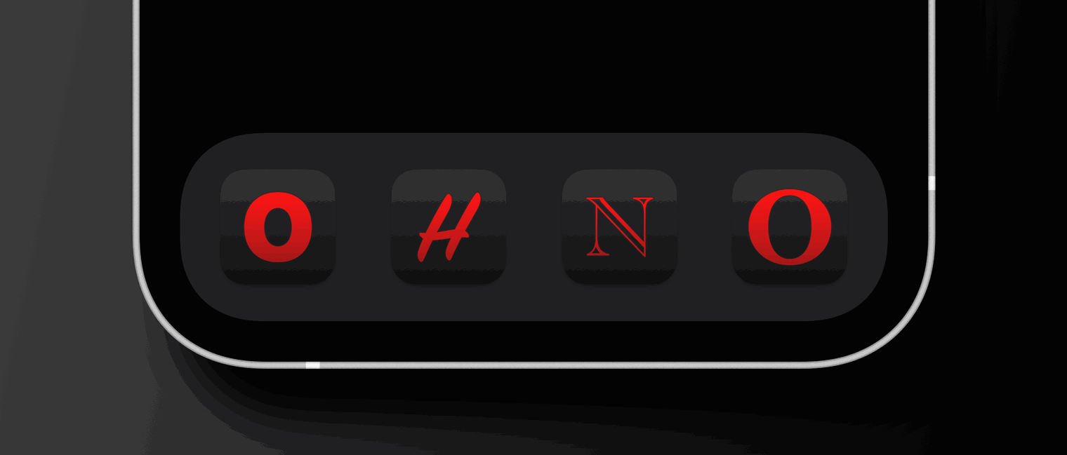 Four tinted iOS app icons sit in the dock at the bottom of an iPhone, the letters on the icons spell out the words oh no