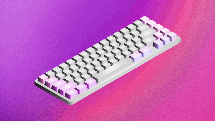 An illustrated image of a grey keyboard from an isometric perspective, showing on a purple background