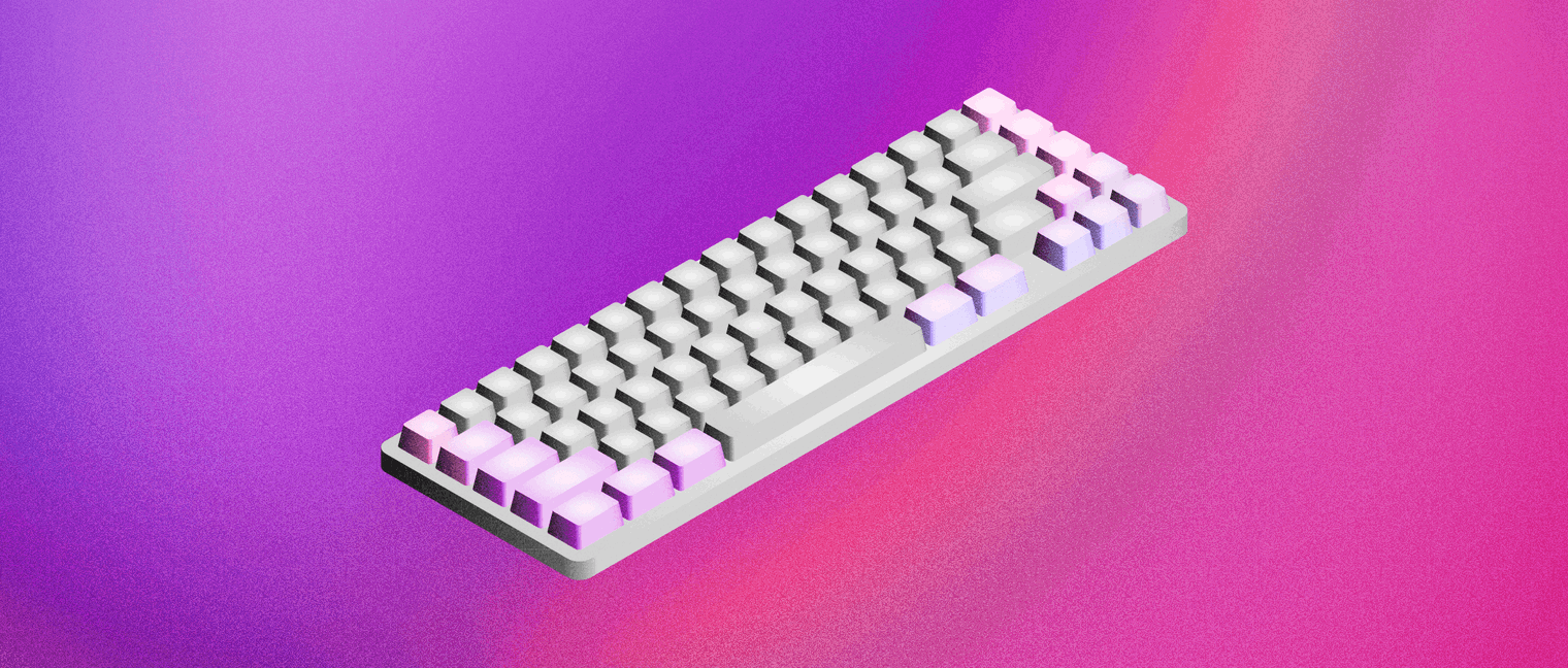 An illustrated image of a grey keyboard from an isometric perspective, showing on a purple background
