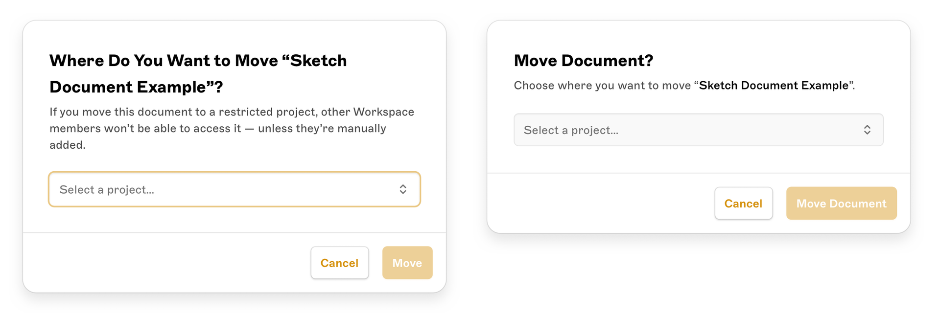 Screenshot of two modals with different UX copy options