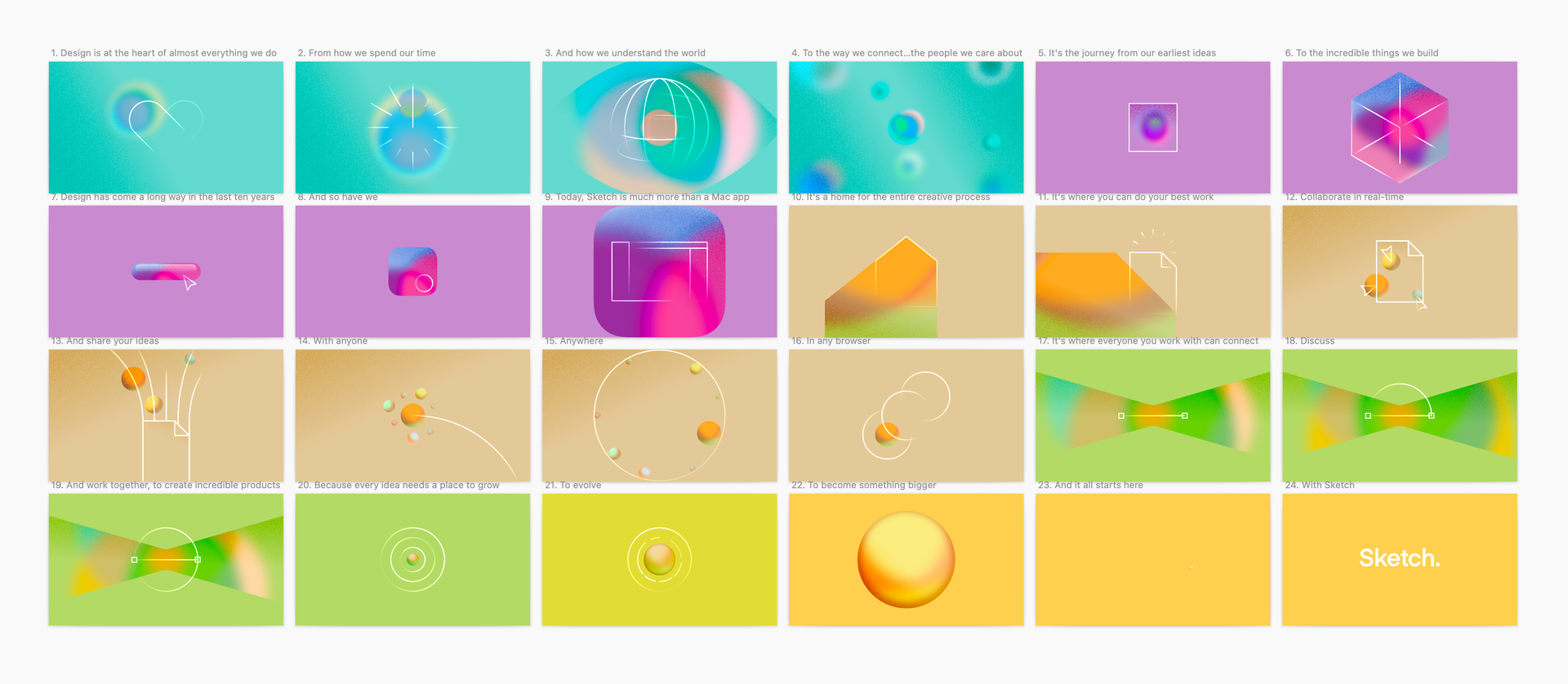 The final storyboard in made in Sketch. Each frame features a unique illustration, with the background colors changing every few frames.