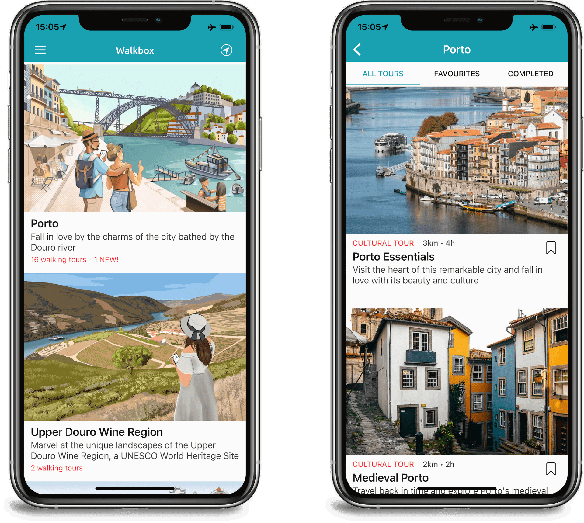 An image showing two screenshots of the Walkbox app, featuring its walking tours in Porto.