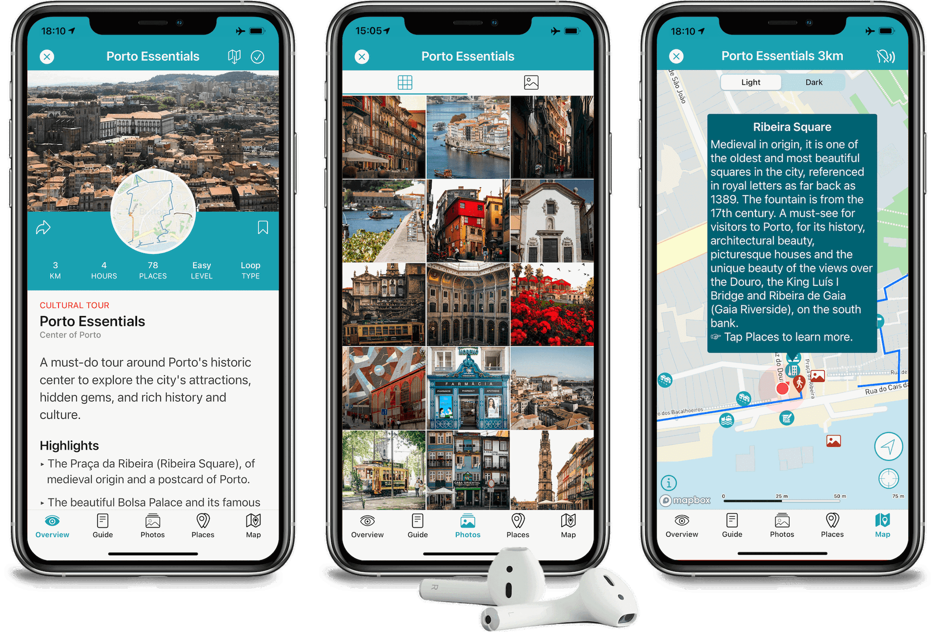 An image showing three screenshots of the Walkbox app, featuring its walking tours in Porto.