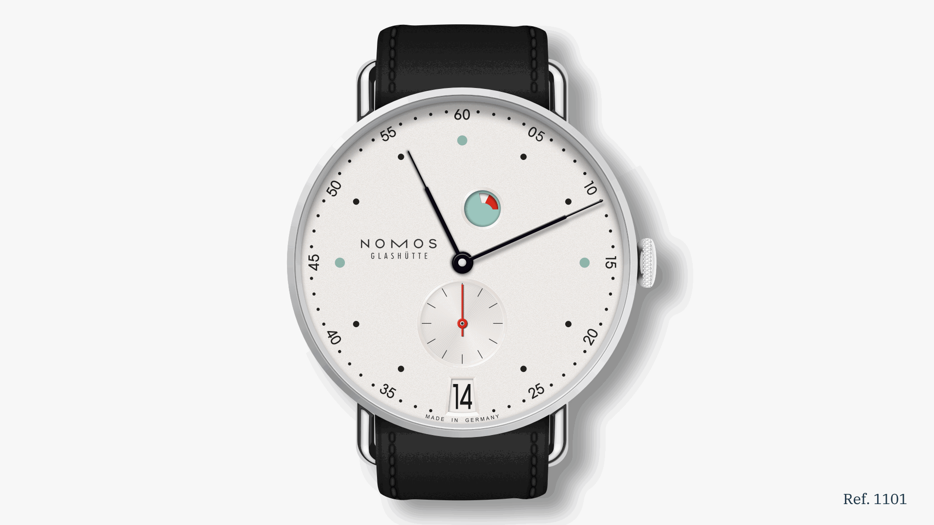 An illustrated image showing a Nomos Metro Date Power Reserve watch that Nikola recreated in Sketch using Vector shapes.