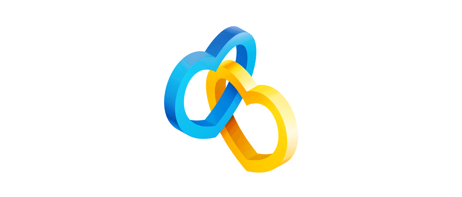 An illustration showing two interlinked hearts in the blue and yellow of the Ukrainian flag
