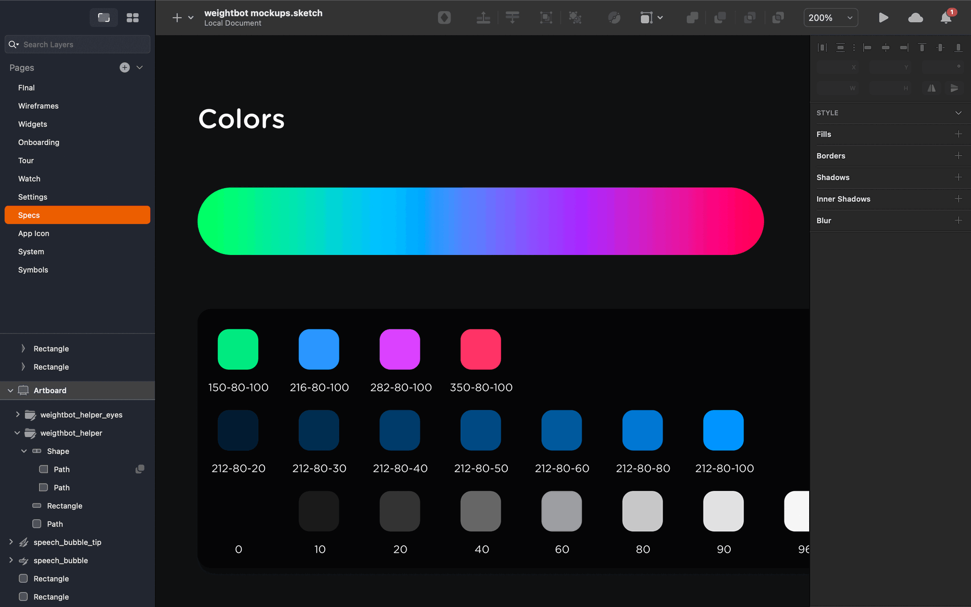 A screenshot showing how Mark organizes colors in his Sketch files.