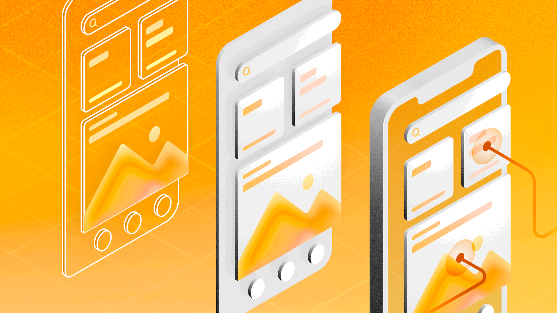 Image comparing a wireframe, mockup and prototype over a yellow background.