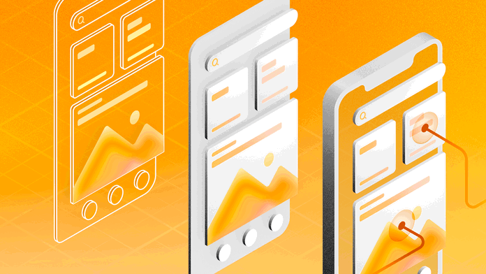 Image comparing a wireframe, mockup and prototype over a yellow background.