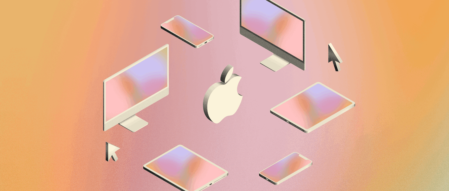 An illustration showing grey, stylized Macs, iPads and iPhones around an Apple logo on an orange and pink gradient background