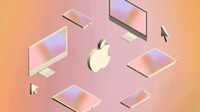 An illustration showing grey, stylized Macs, iPads and iPhones around an Apple logo on an orange and pink gradient background